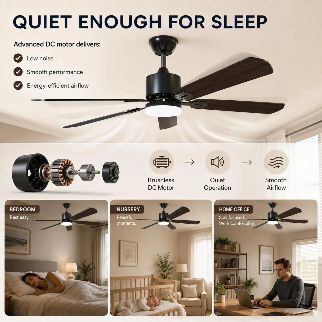 42 Inch Ceiling Fans with Lights and Remote Control, Black Dual-Sided Blades, 6 Fan Speed, Dimmable 3 LED Light, Timer, Low Profile, Reversible Motor, DC Motor, for Bedroom Living Room