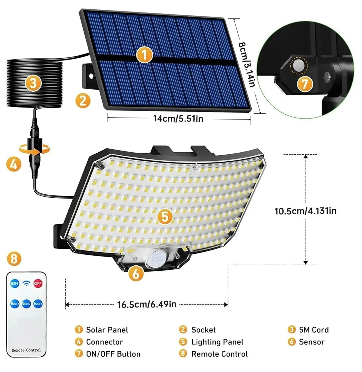 234 LED Solar Lights Outdoor Motion Sensor Dusk to Dawn Solar Powered Security Flood Light, Split 16.5ft Cable for Wall Garden