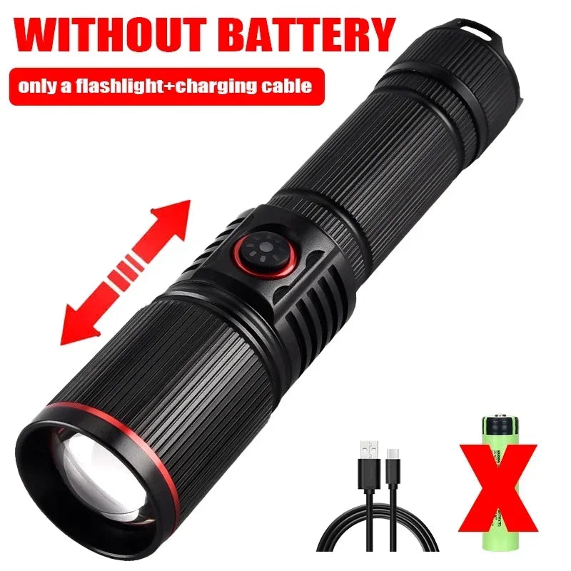 30W  High Bright LED Flashlight High Power Type C Rechargeable Zoom Torch Camping Outdoor Hunting Fishing Walking Lighting Lamp