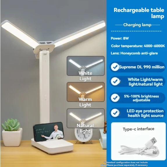 USB rechargeable battery foldable dimming reading light dual head LED desk lamp