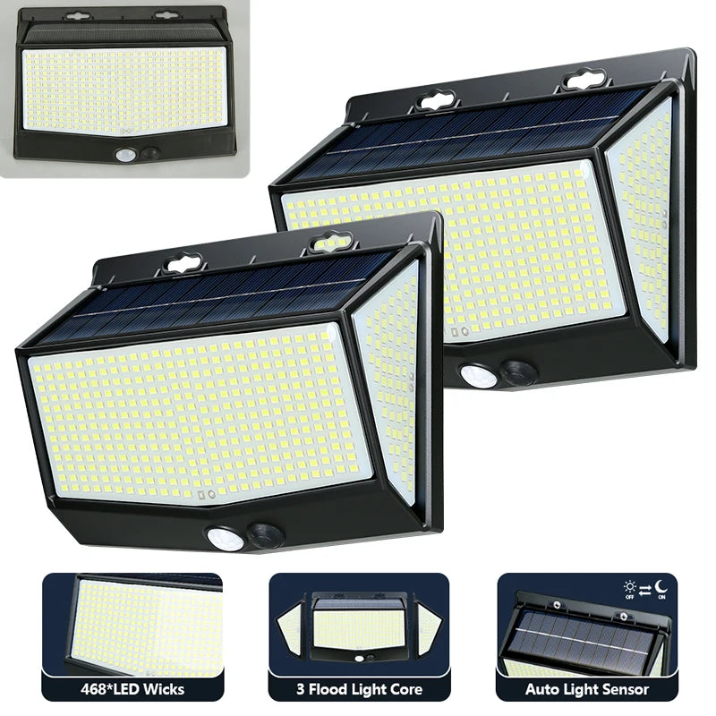 100/468 LED Porch Light Outdoor Waterproof Lamp 3 Mode PIR Solar Wall Light Auto Adjust Brightness Motion Sensor for Garden