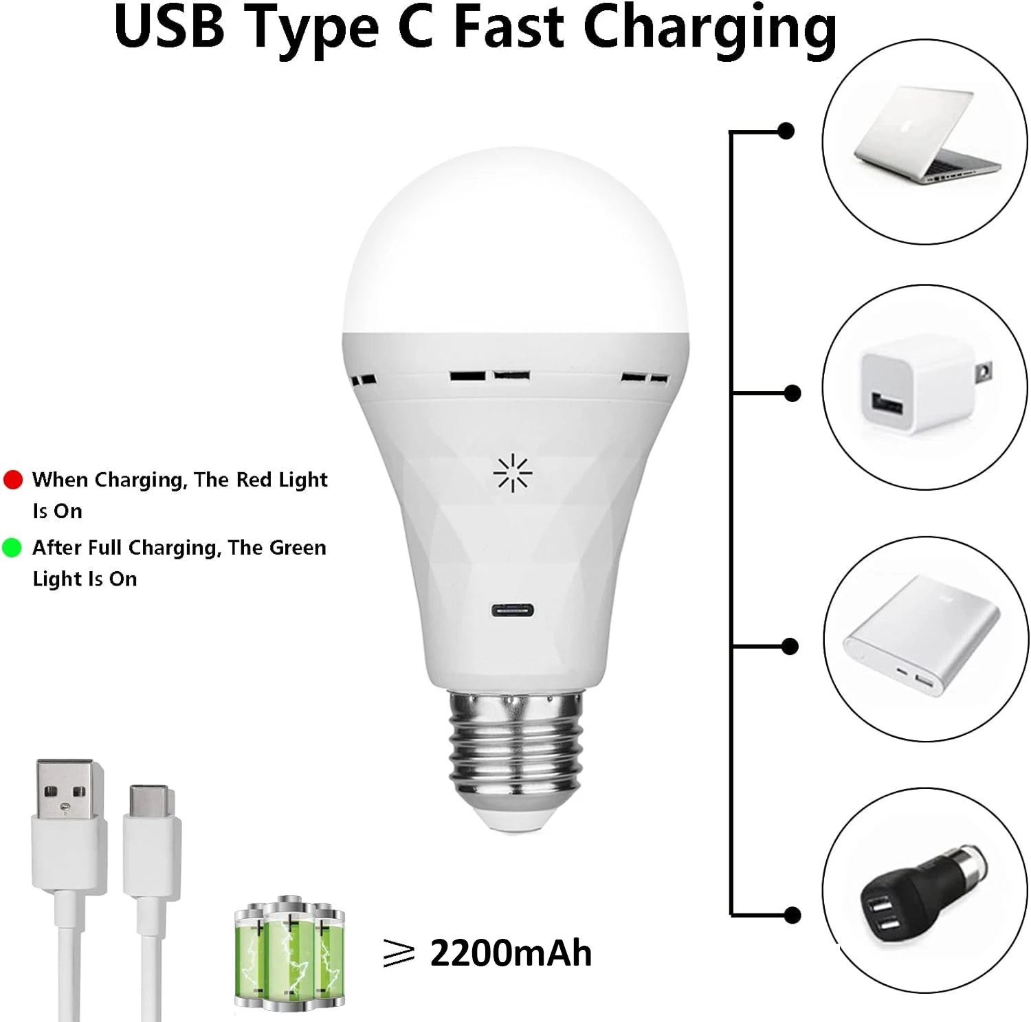 USB LED Bulb，E27 Rechargeable Light Bulbs，Emergency Lightbulbs Warm with Timer Dimmable for Wall Wireless Sconce，（2pake）