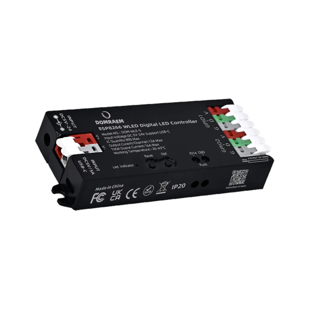 DOMRAEM WLED LED Strip Controller USB-C ESP8266 ESP32 Mic Sync 16A Fuse Level Shifter WS2812 SK6812 RGBIC Digital Pixel Light