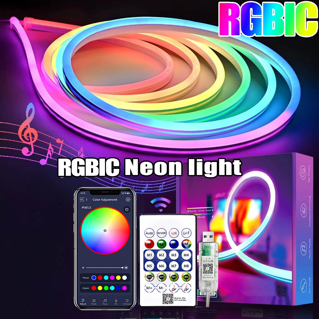 5V RGB+IC Neon Strip Light 1M 2M 3M 5M 10M USB Waterproof Flexible LED Strip Lights With Bluetooth Remote Control For Home Decor