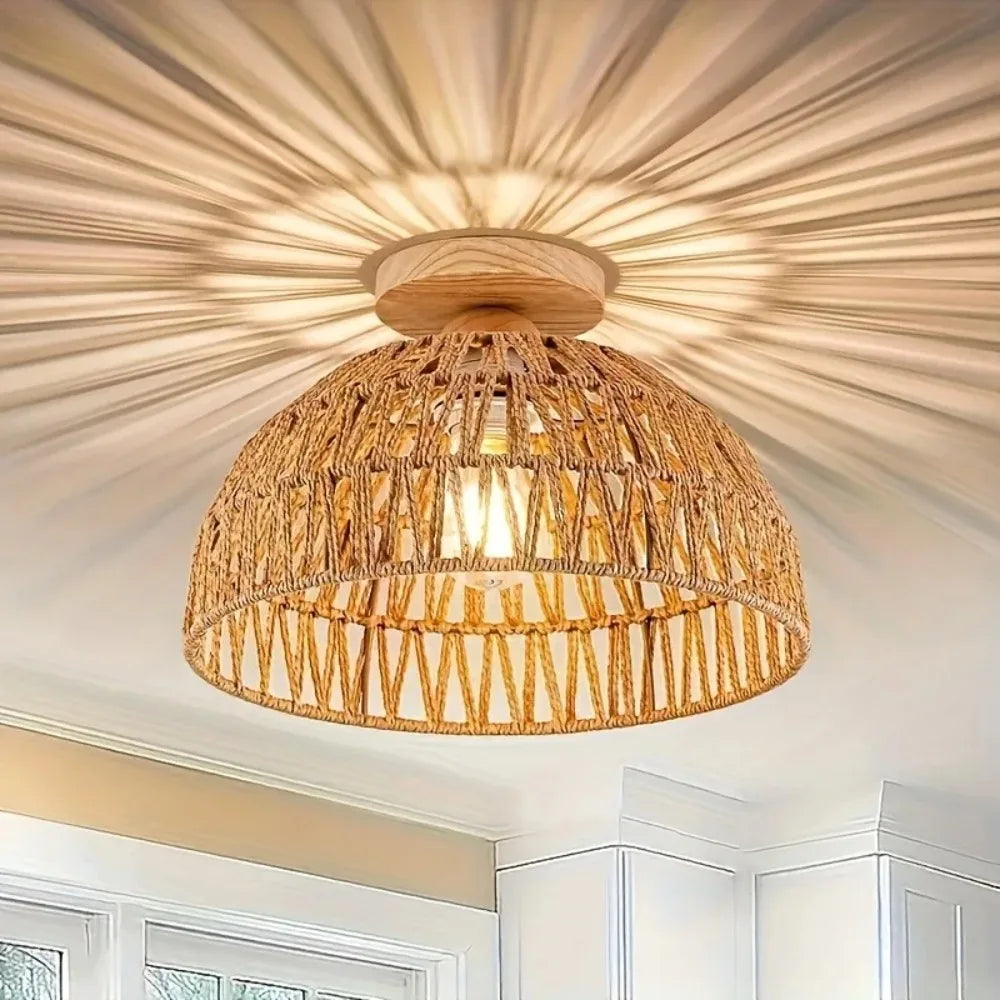 E27 Wabi-sabi Natural Hand-woven Wicker Lampshade Ceiling Lamp for Restaurant Teahouse Living Room Retro Vintage Ceiling Lamps