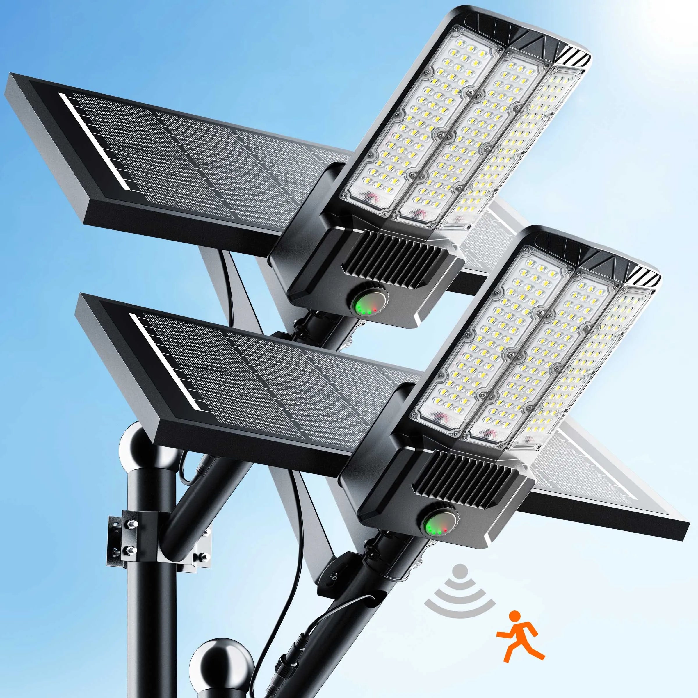2-Pack Solar Area Lights Outdoor Commercial 9000W LED Parking Lot Light with Motion Sensor Monocrystalline Solar Charging Panel Aluminum Housing Dusk to Dawn IP66 Waterproof Security Lighting