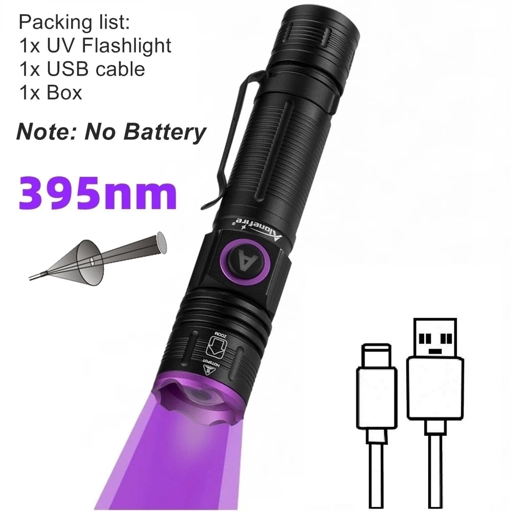 365/395nm Zoom UV Flashlight USB Rechargeable Ultraviolet Adhesive Curing Torch Cat Dog Pets Urine Tinea Marker Money Ore Light