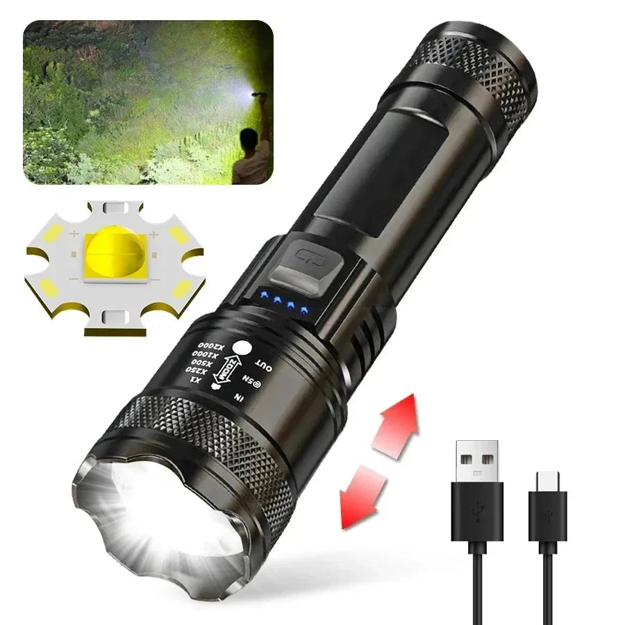 USB Charging Camping Fishing Emergency Zoom Lantern High Strong Power Led Flashlights Tactical Torch with Display Light