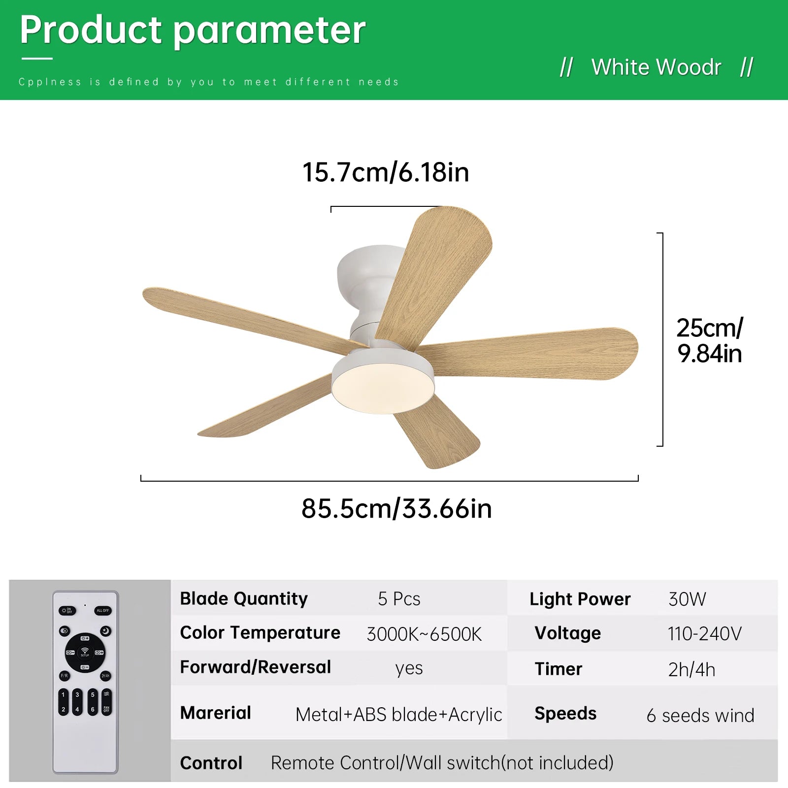 Indoor/Outdoor Flush Mount Ceiling Fan with Remote Control - 5 Blade Low Profile Fandelier - Reversible Quiet Timer