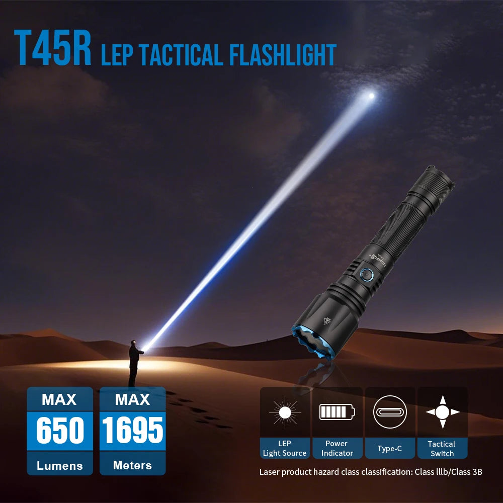 Trustfire T45R 1695 Meter Light Distance LEP Tactical Flashlight 650 Lumen La-ser High Power Led USB Flashlight Rechargeable Self Defense LEP Torch With Remote Rattail Pressure Switch