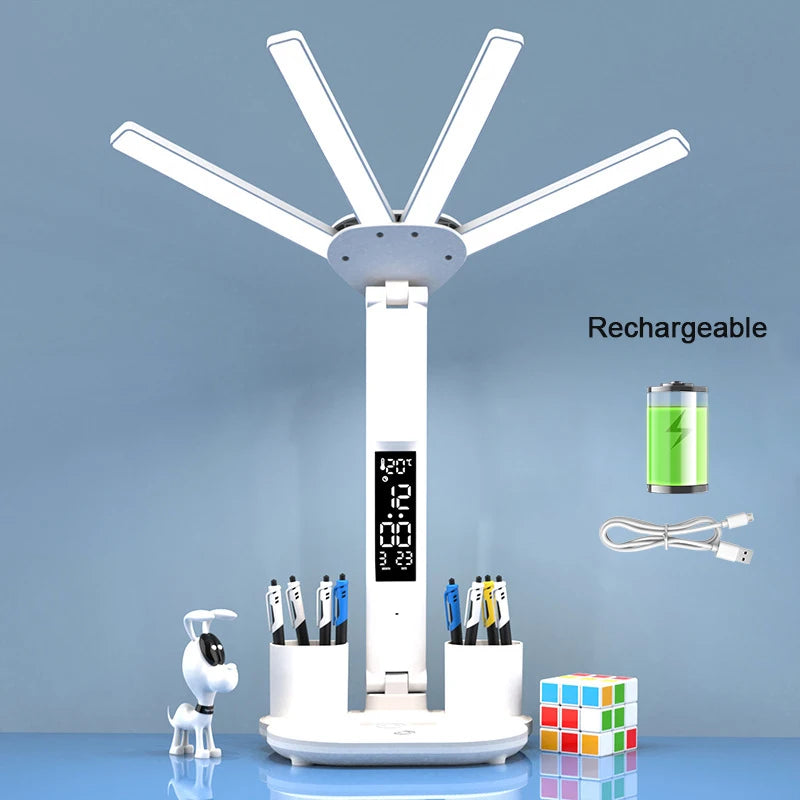 LED Rechargeable Table Lamp for Study, Desk Lamp Reading Light Led Table Light with Fan, Led Clock Dispaly Reading Lamp