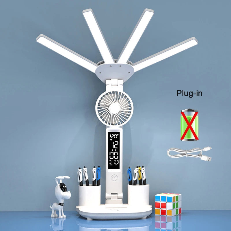 LED Rechargeable Table Lamp for Study, Desk Lamp Reading Light Led Table Light with Fan, Led Clock Dispaly Reading Lamp