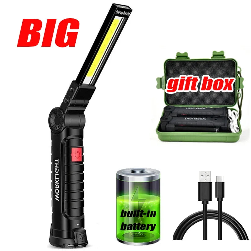 COB LED Work Light Dimmable USB Rechargeable LED Flashlight Inspection Lamp With Magnetic Hook Power Bank 18650 Battery Torch