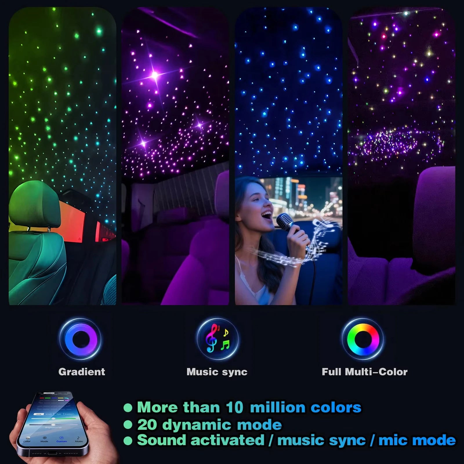 VASTFIRE Mini 16W 500/1000pcs Fiber Optic Starlight Headliner Kit for Car Home 6.5ft End Glow Fiber Strands Sound-Activated APP& Remote Control Starlight Engine