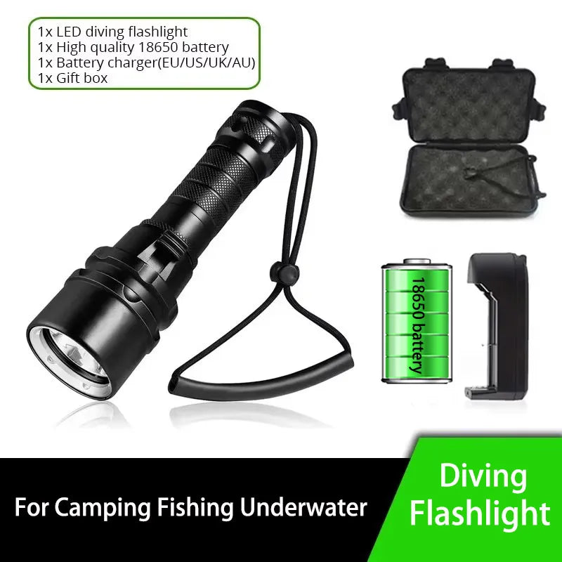 Powerful LED Diving Flashlight Super Bright T6/L2 Professional Underwater Torch IP68 Waterproof Rating Lamp Using 18650 Battery