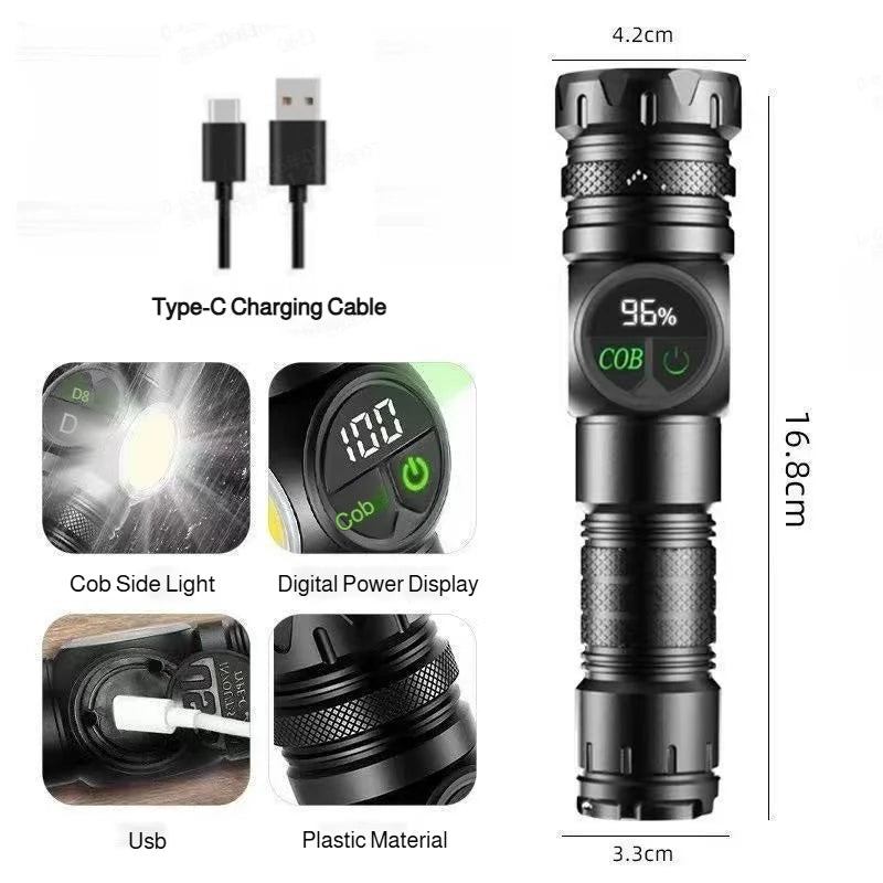 Super Bright LED Flashlight Rechargeable Zoomable Digital Display Tactical Light Waterproof Camping Outdoor Handheld Spotlight
