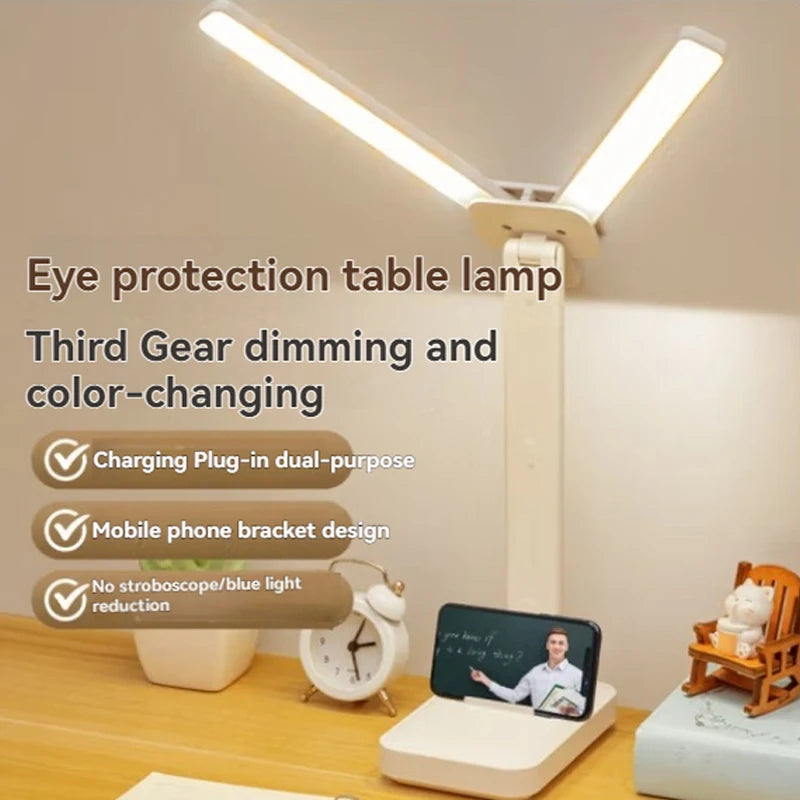 Double Head Foldable LED Desk Lamp, USB Rechargeable with 3 Colors & Dimmable Brightness for Reading, Study, Office