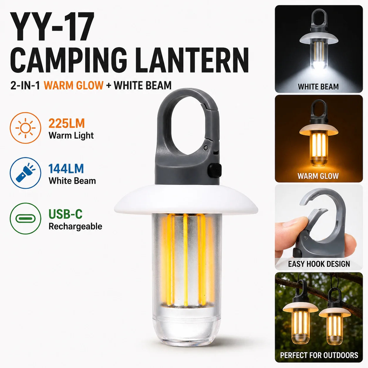 LED Rechargeable Flashlight Camping Lantern 5 Modes Super Bright Portable Hanging Tent Lamp Waterproof Hiking Fishing Outdoor