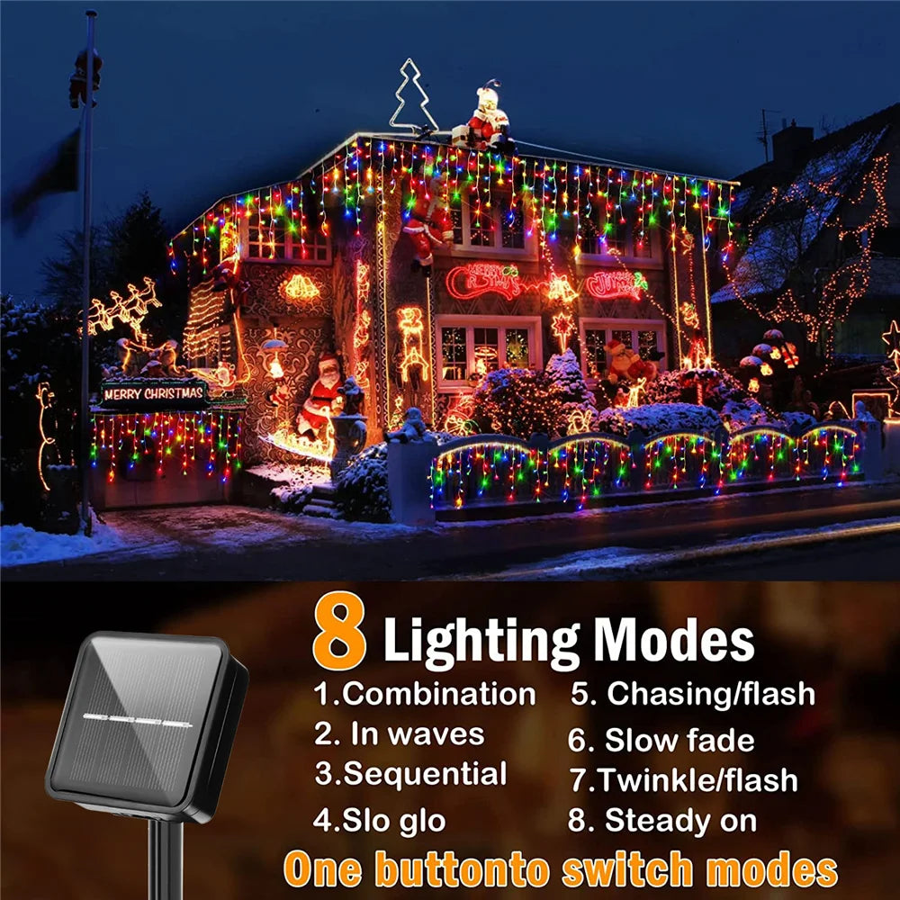 3.5M/7.5M Solar Curtain Icicle Light Outdoor Eaves Decor String Lights Garden Party Yard Christmas Decoration Holiday Garlands
