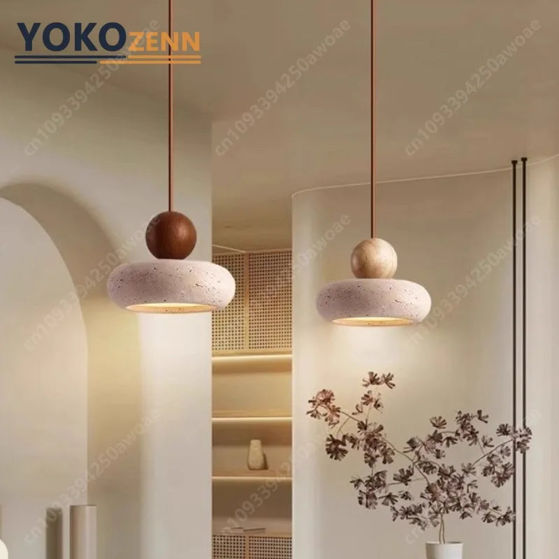 Japanese Travertine Stone LED Pendant Light, Wabi-Sabi Natural Stone Chandeliers for Kitchen Island Restaurant Bedroom Decor