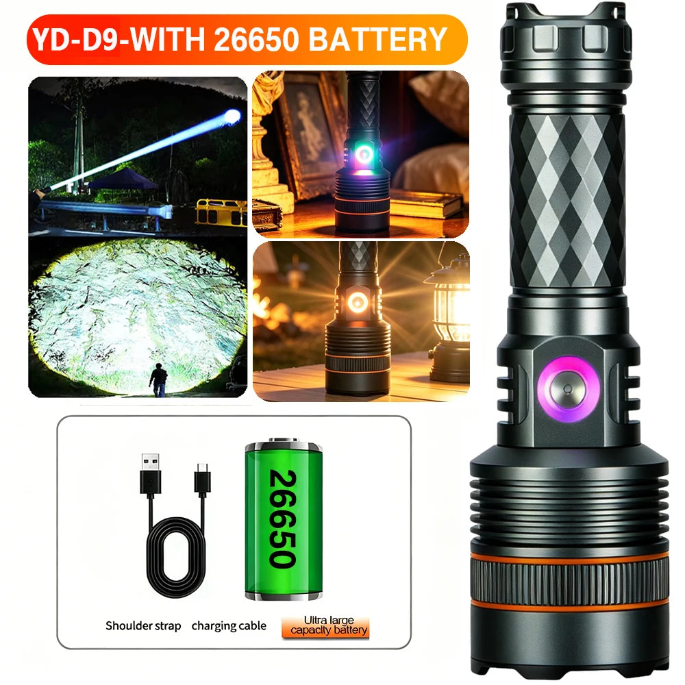 KENSUN Powerful Telephoto LED Flashlight with Variable Zoom Camping Torch Outdoor High-Power Tactical Light 26650 Battery