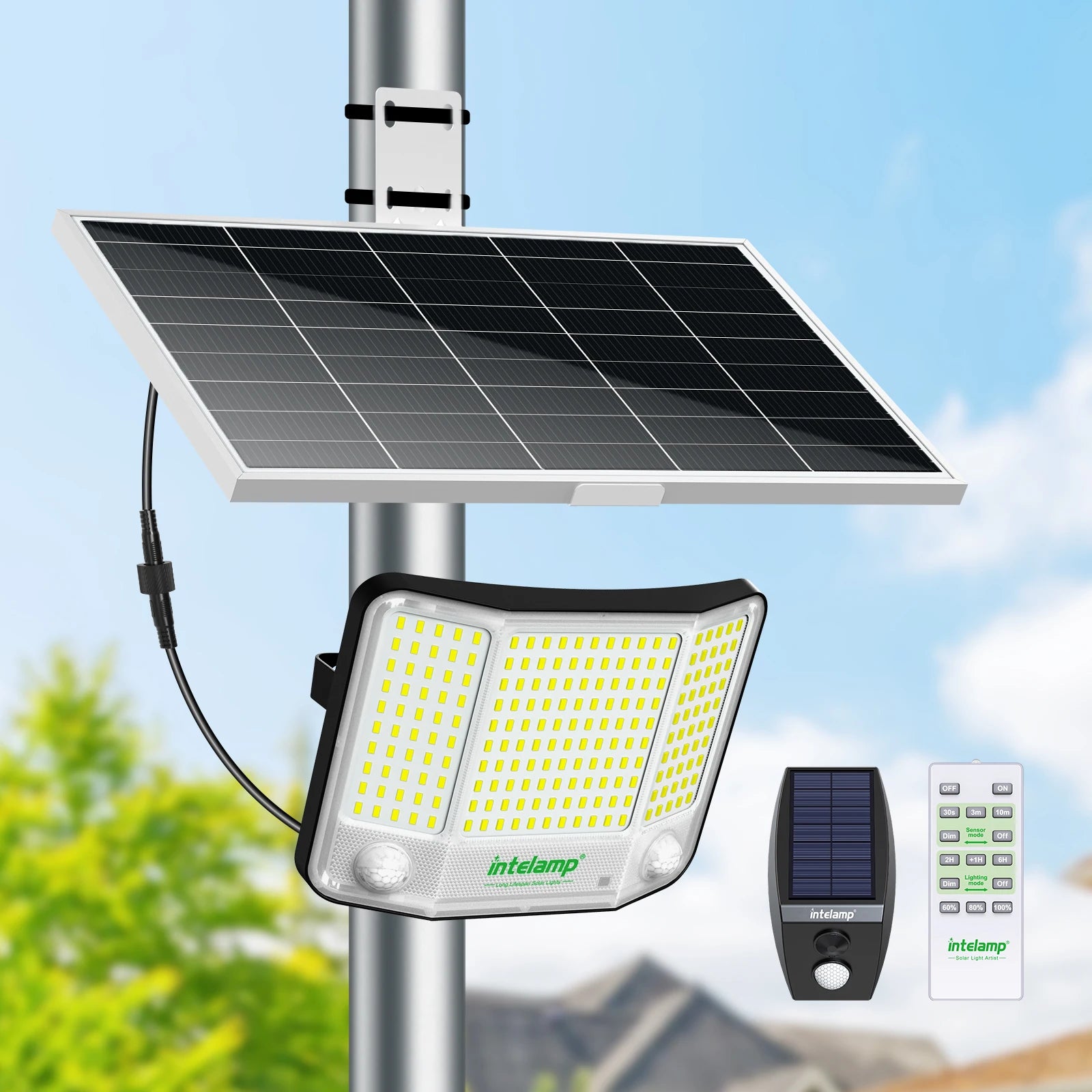 Intelamp 20000mAh Long Battery Life Solar Street Flood Lights Outdoor With Super Large Solar Panel Dual Sensors For Garden Yard