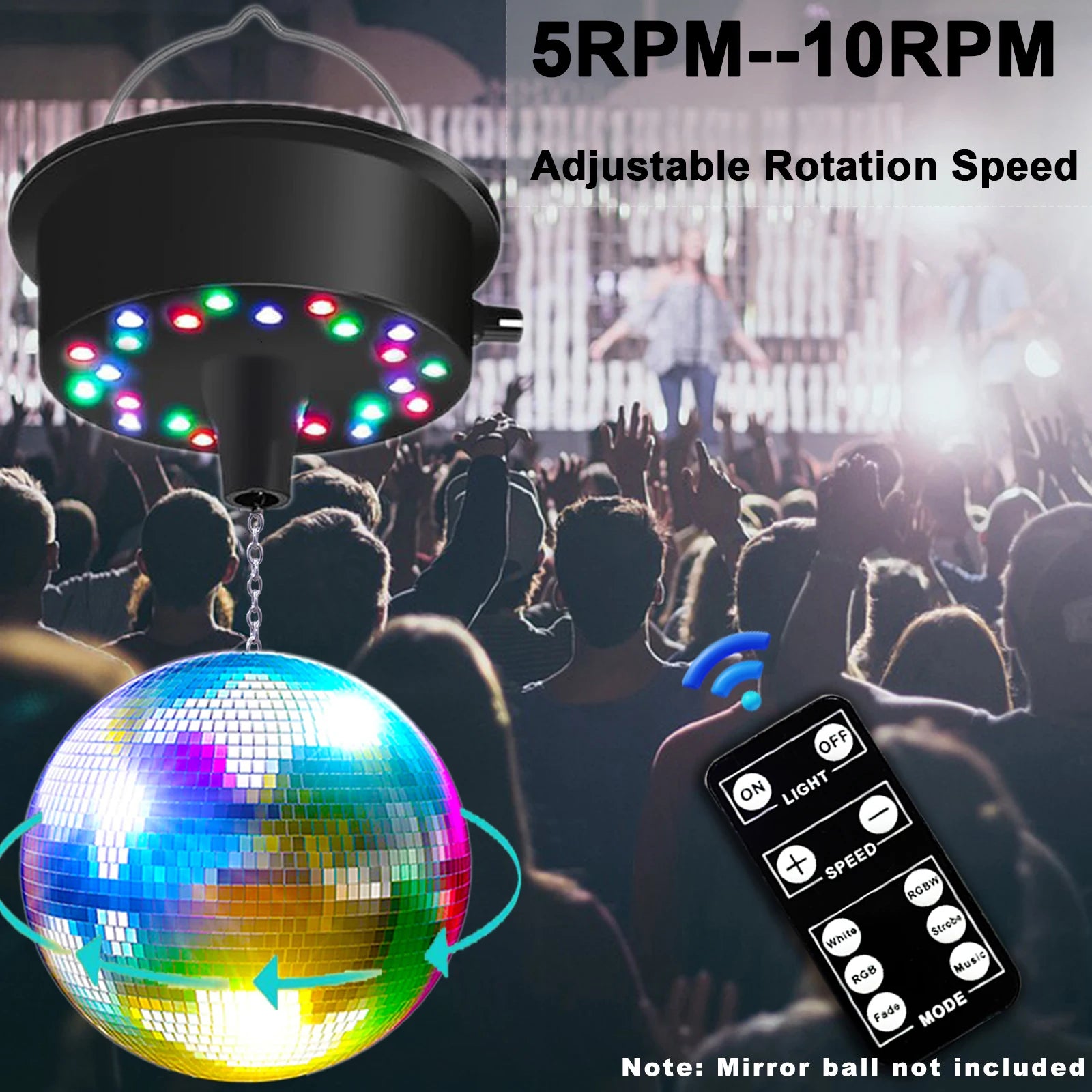 Mirrors Ball Motor with Remote, 5-10 RPM Disco Ball Adjustable Spinner with 23 RGBW LED Rotator with Multi Light Mode