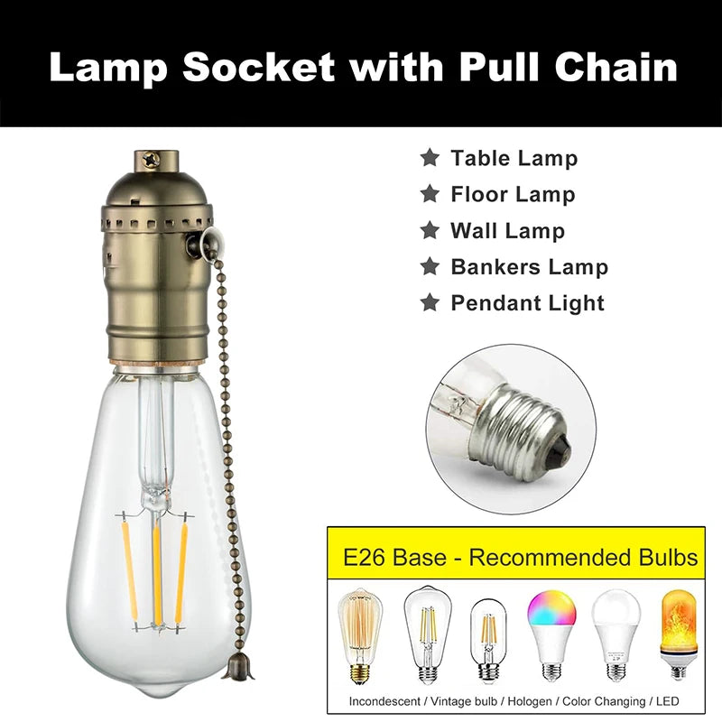 Vintage Edison Style E26/E27 LED Lamp Holder W/ Zipper Switch - Bronze & Pearl Black Hang Wire Suspension Light Fixture