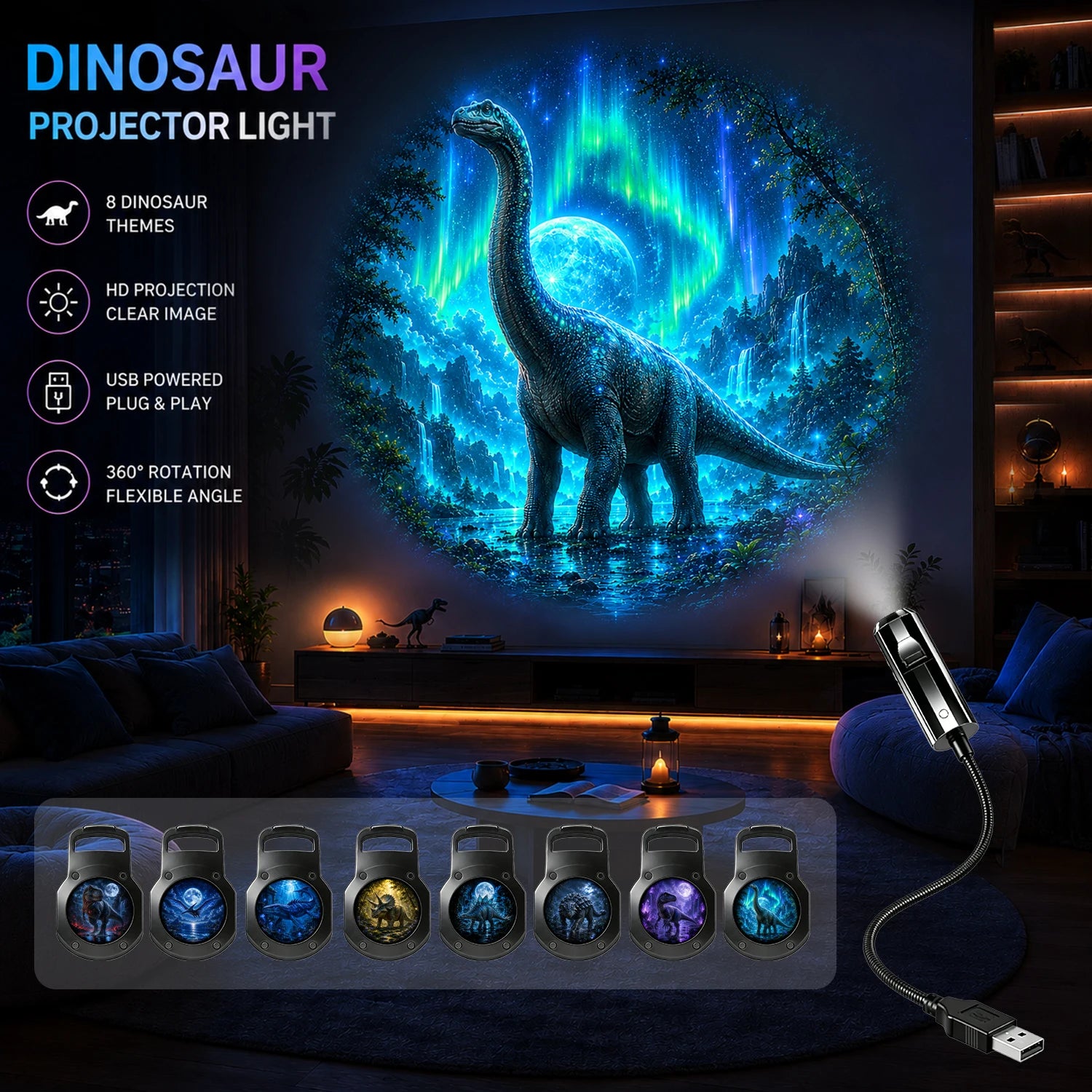 Jurassic Dinosaur Projection Light, Various Dinosaur Themes, Suitable for Bedroom Bedside Decorative Ambient Lighting.