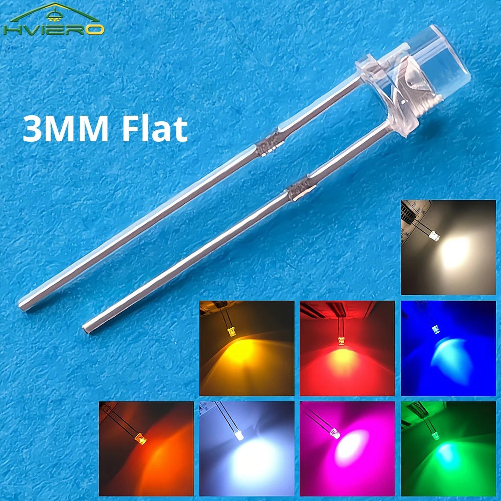100Pcs F3 3mm 2pins Flat Emitting Diodes Lamp Ultra Bright LED Bulbs White Red Yellow Blue Green Pink Diode Led Wide Angle Light