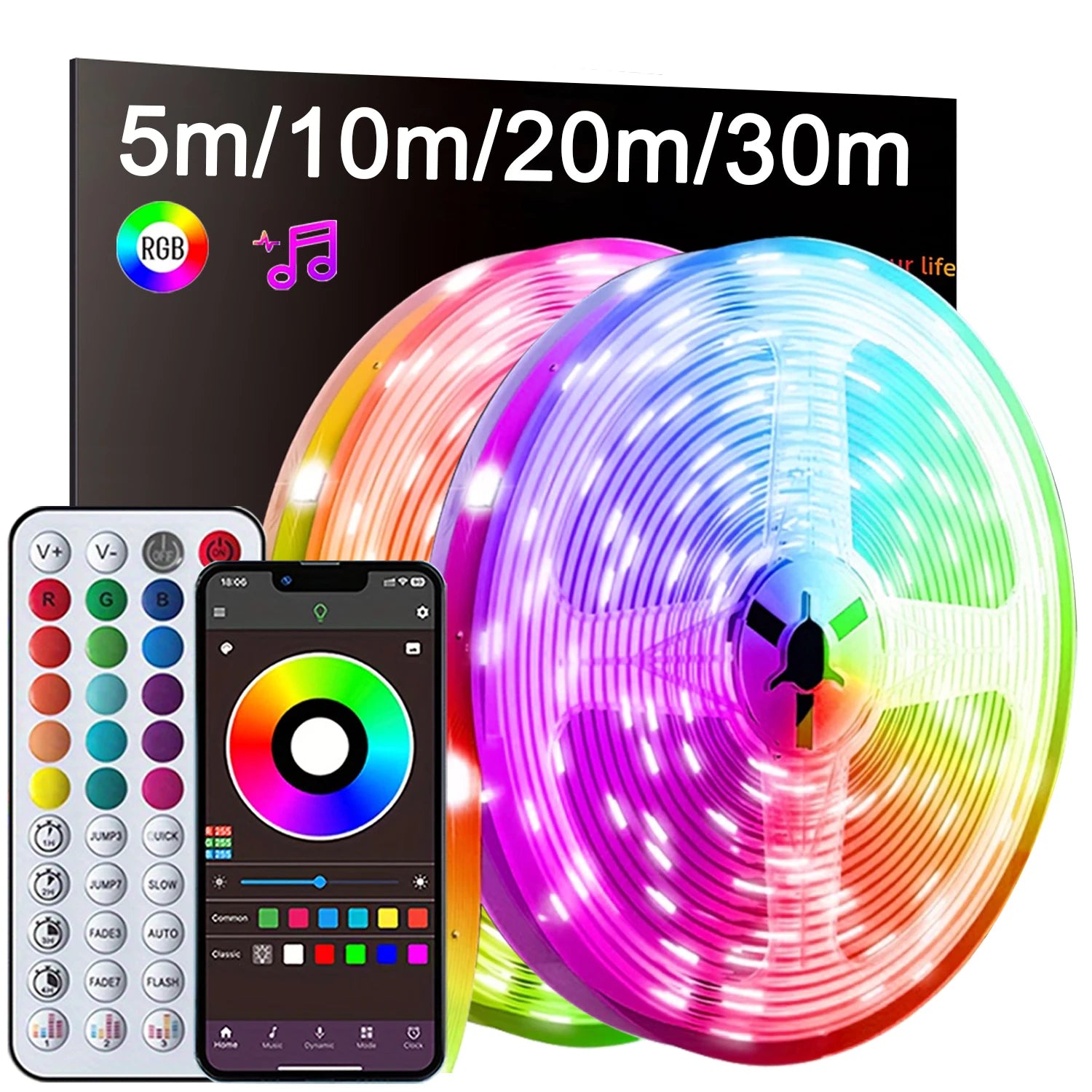 RGB Led Strip Lights with Music Sync, APP Control Led Tape Lights for Bedroom Room Party Decor TV Backlight