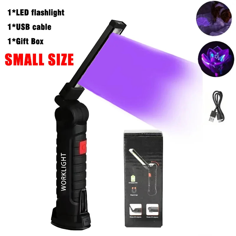 395nm Led UV Flashlight USB Rechargeable Foldable Lamp with Magnetic and Hook Pet Urine Detector Resin Curing Portable UV Light