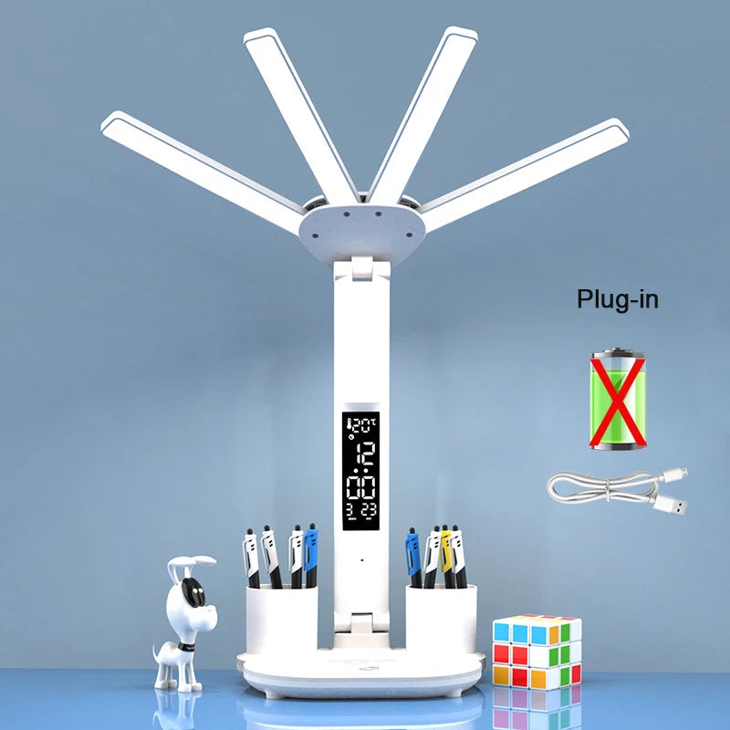 LED Rechargeable Table Lamp for Study, Desk Lamp Reading Light Led Table Light with Fan, Led Clock Dispaly Reading Lamp