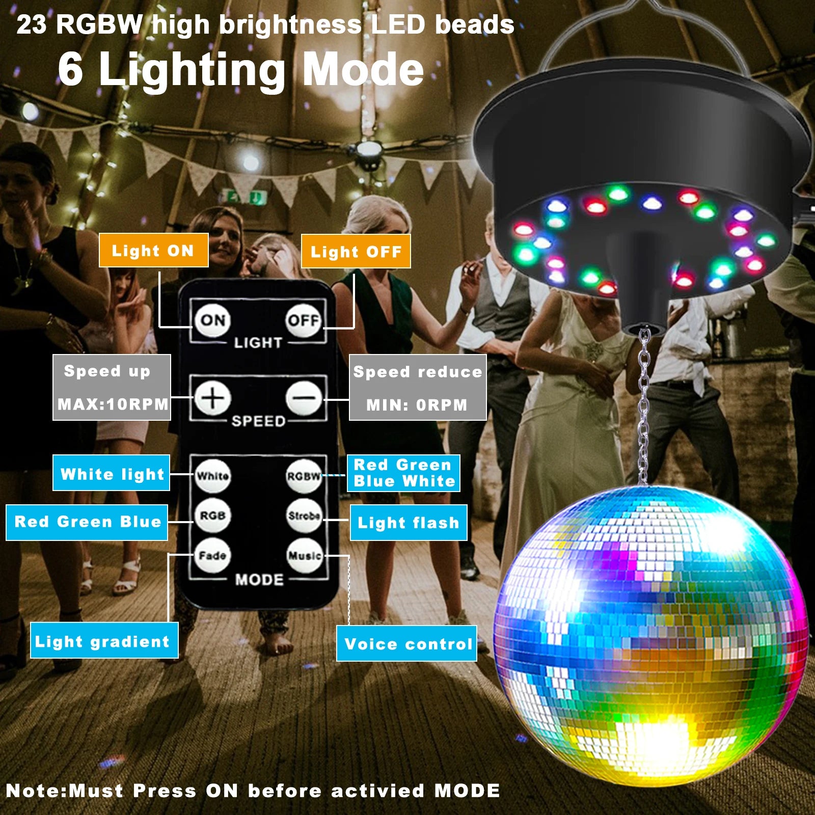 Mirrors Ball Motor with Remote, 5-10 RPM Disco Ball Adjustable Spinner with 23 RGBW LED Rotator with Multi Light Mode