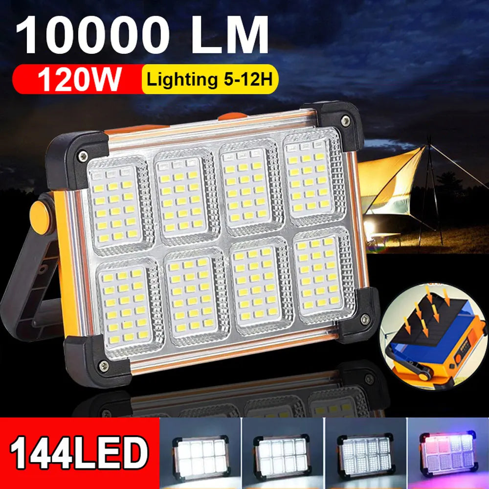 144LED 10000LM Rechargeable Solar Flood Light Outdoor Portable LED Reflector Spotlight Projector Floodlight Construction Lamp