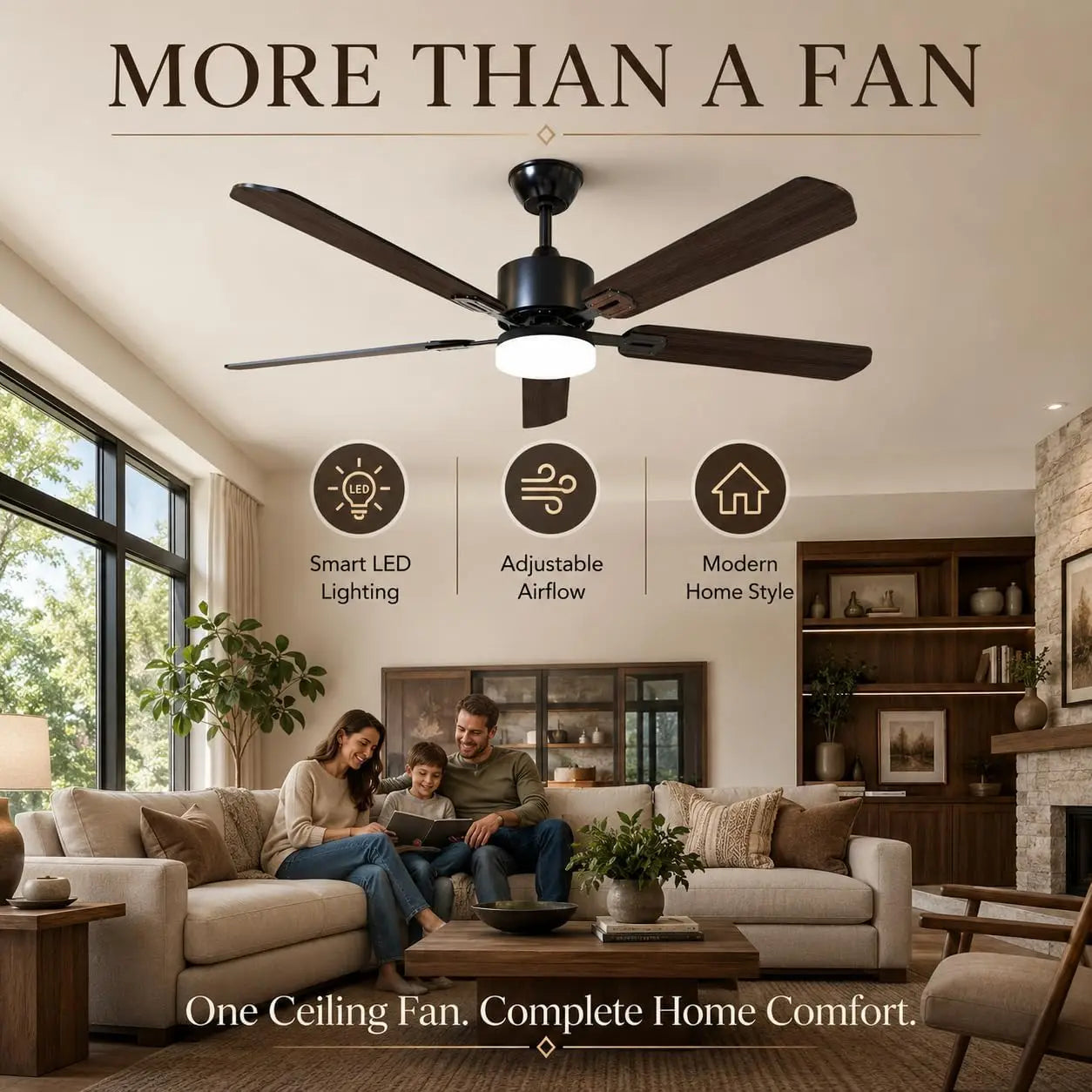 42 Inch Ceiling Fans with Lights and Remote Control, Black Dual-Sided Blades, 6 Fan Speed, Dimmable 3 LED Light, Timer, Low Profile, Reversible Motor, DC Motor, for Bedroom Living Room