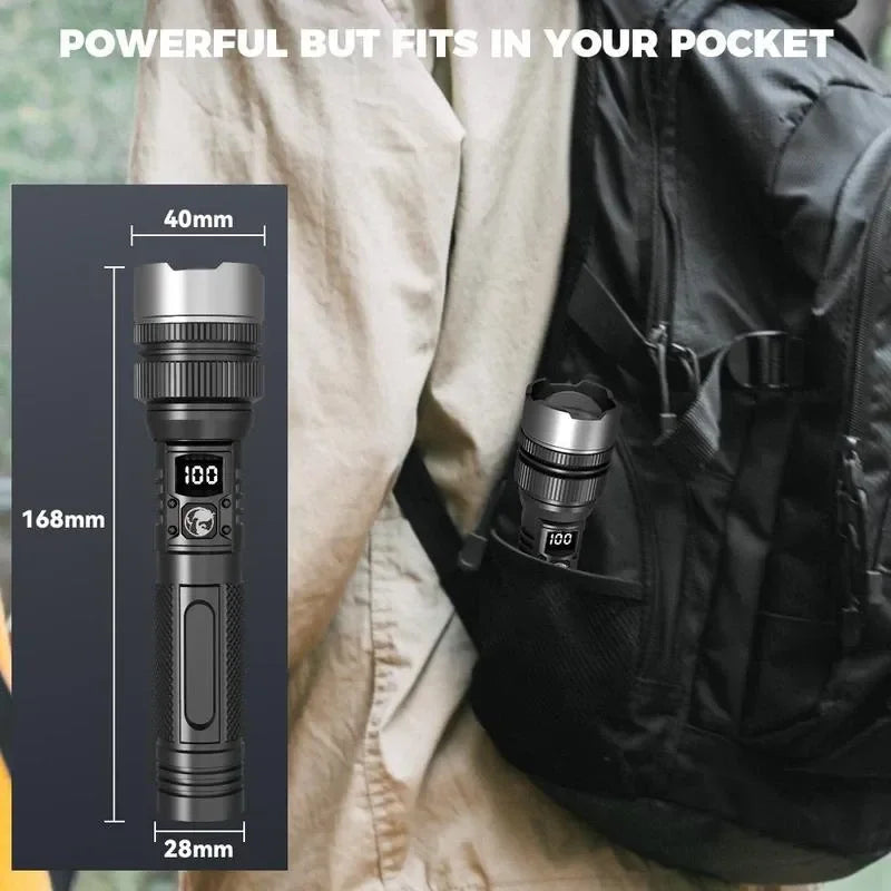 Super Bright LED Flashlight Rechargeable Zoomable Digital Display Tactical Light Waterproof Camping Outdoor Handheld Spotlight