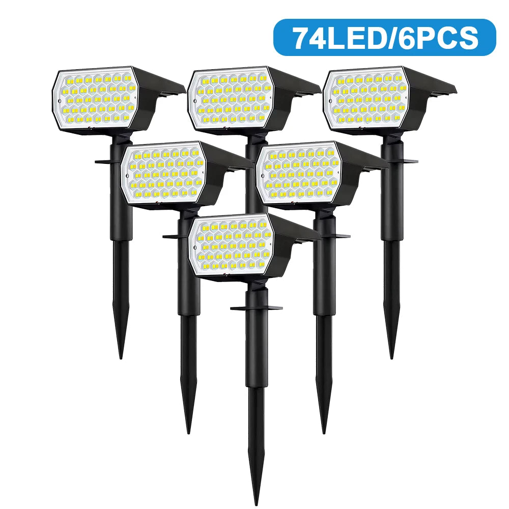 1-6PCS 74LED Tricolor Solar Spot Lights Super Bright Waterproof IP65 Solar Powered Garden Lighting For Outside Landscape