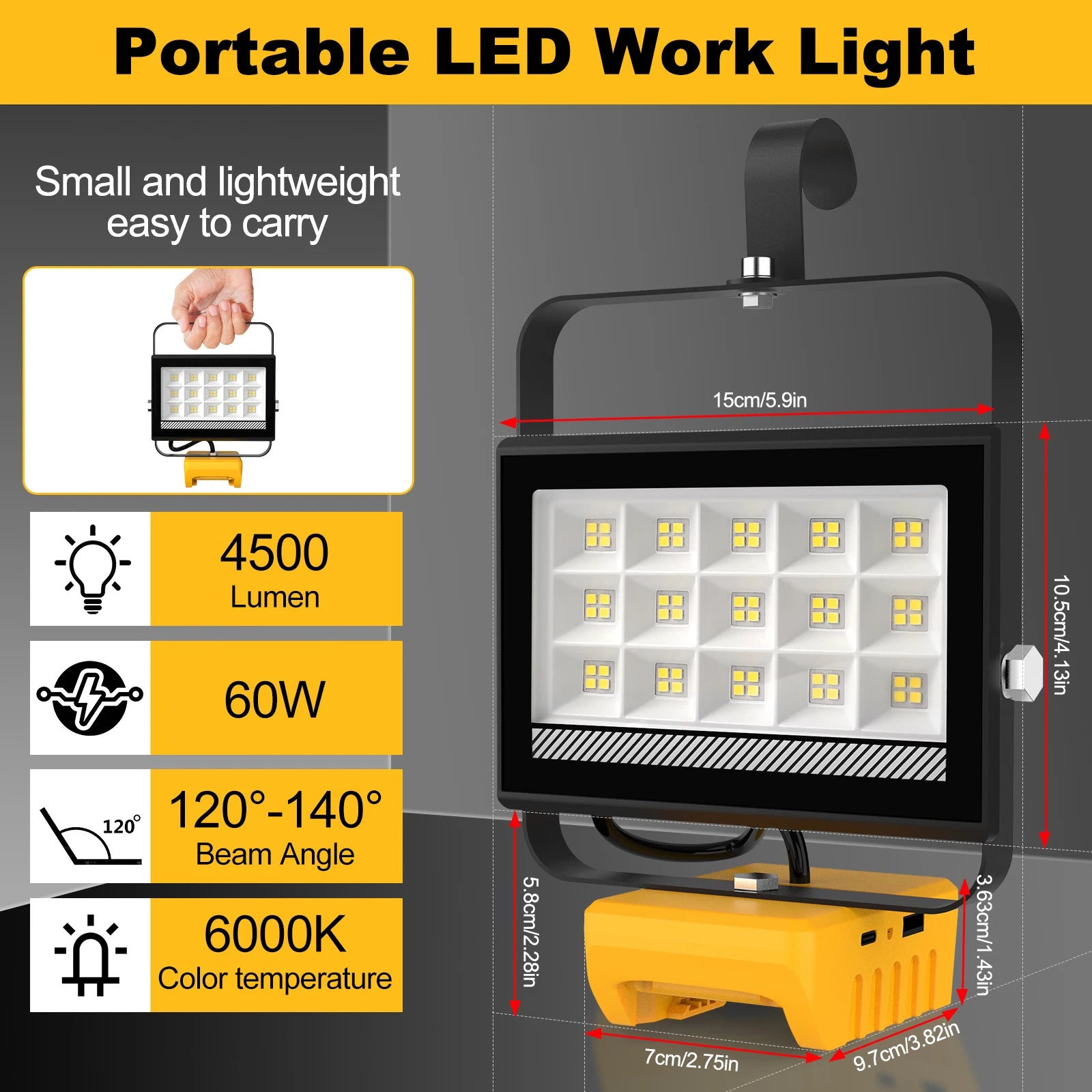 Portable 60W LED Work Light With Hook Handheld Emergency Camping 6000LM Rechargeable Flood Light Compatible With DeWalt Makita