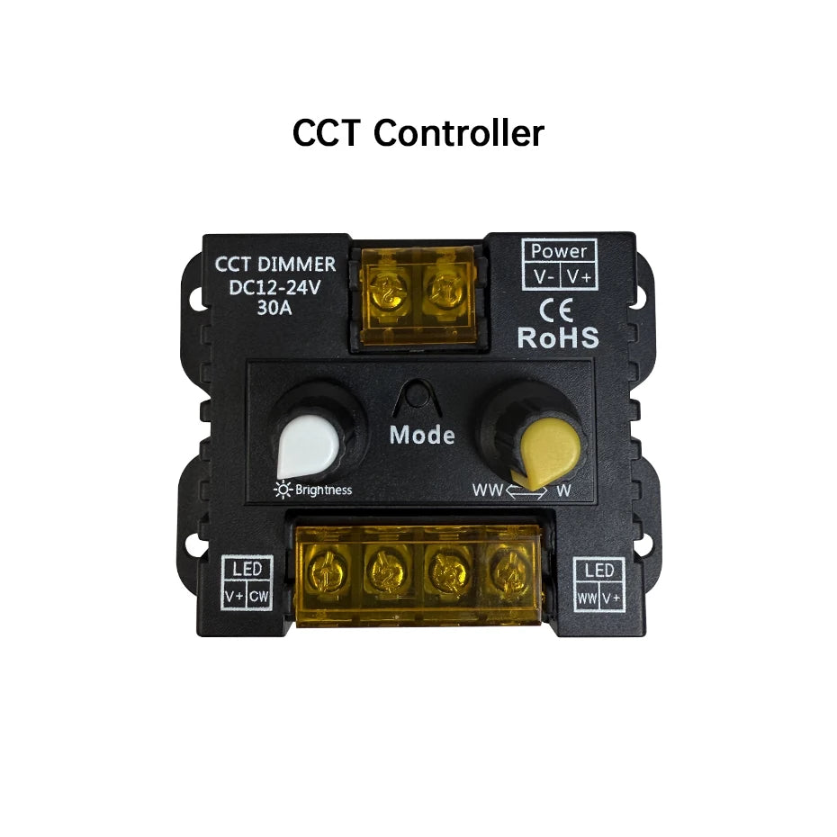 CCT LED Strip Dimmer Controller DC12V-24V 30A 360W - Knob Adjustable PWM Brightness with ON/OFF Switch for Monochrome Lights
