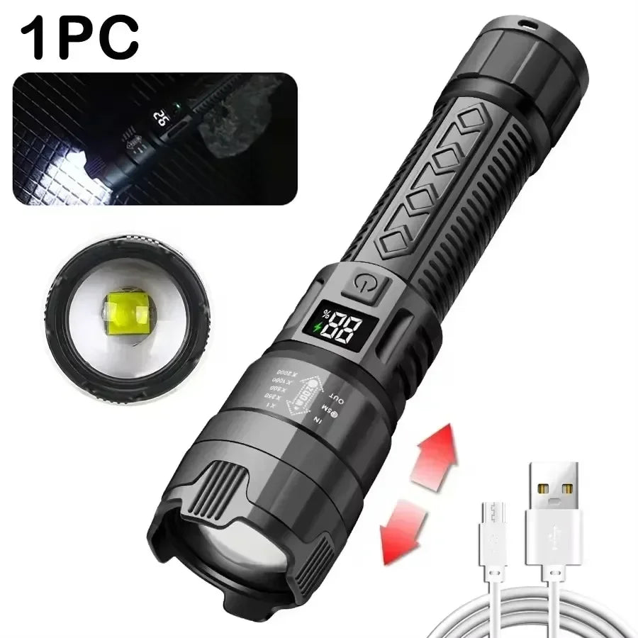 Powerful LED Flashlight with Battery Display USB Rechargeable Light Telescopic Zoom Torch Lamp Outdoor Camping Fishing Lantern