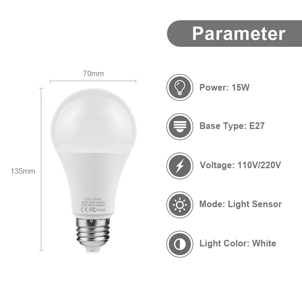 15W E27 LED Light Control Sensor Bulb 110V 220V Auto Dusk ON Dawn OFF LED Lamp Day Night Light For Garden Porch Outdoor Lighting