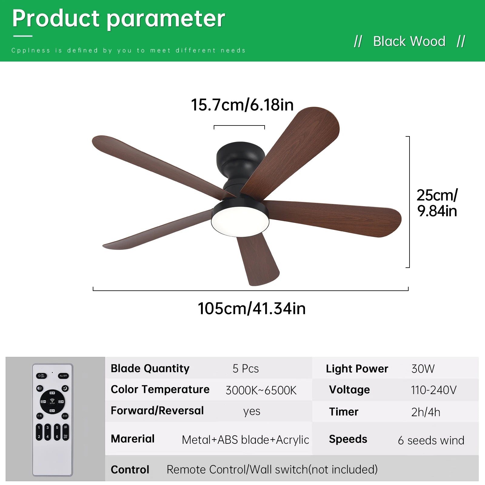 Indoor/Outdoor Flush Mount Ceiling Fan with Remote Control - 5 Blade Low Profile Fandelier - Reversible Quiet Timer