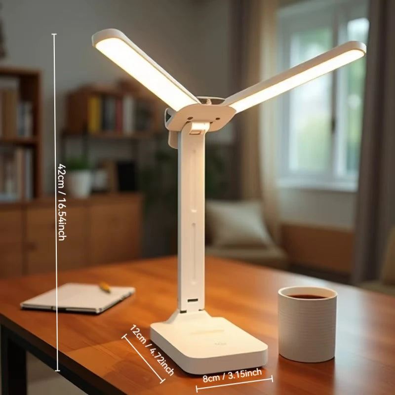 Double Head Foldable LED Desk Lamp, USB Rechargeable with 3 Colors & Dimmable Brightness for Reading, Study, Office