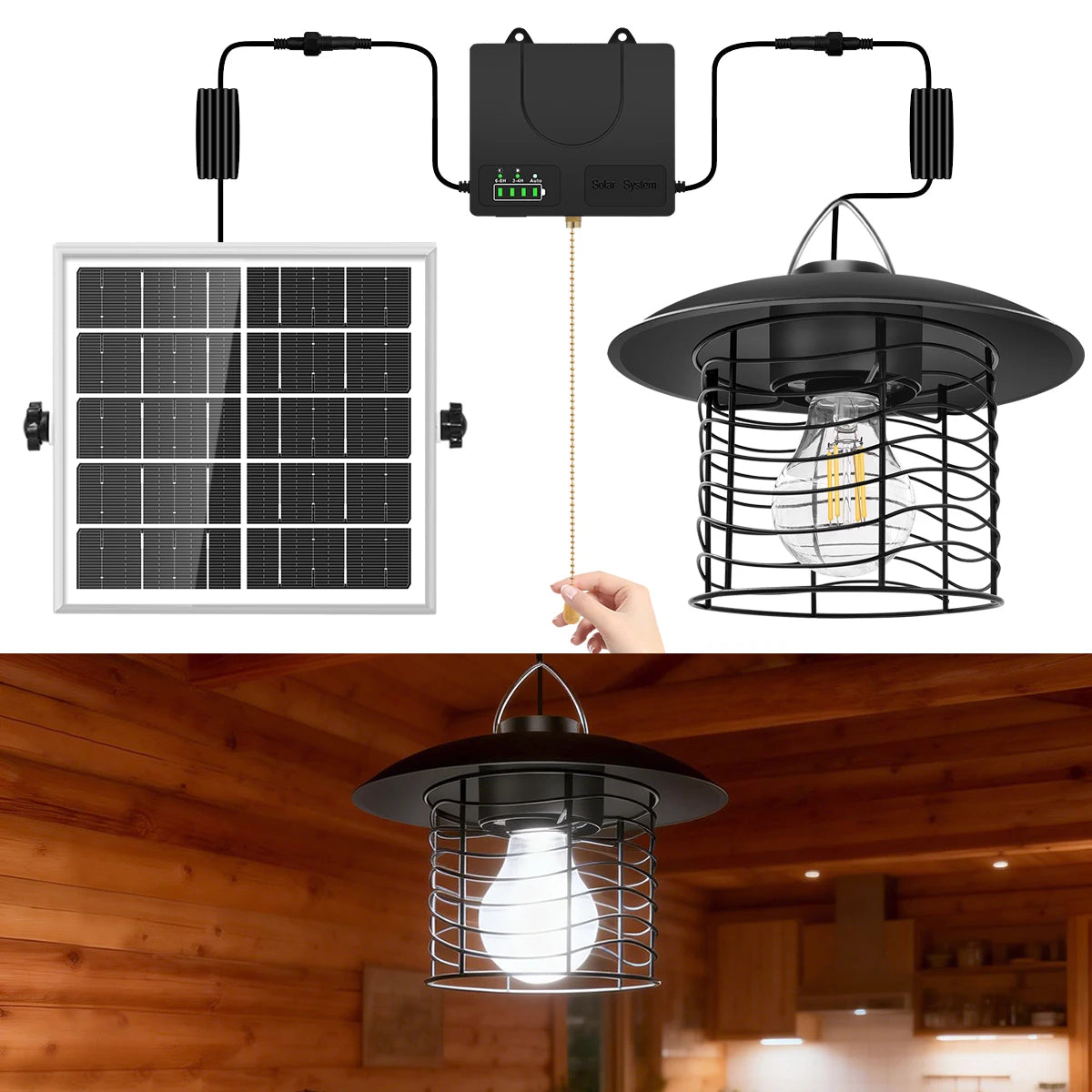 Solar Lamp Outdoor Hanging Solar Pendant Light for Shed Barn Motor Home Retro Pull Chain 3 Work Mode with Battery Indicator IP65