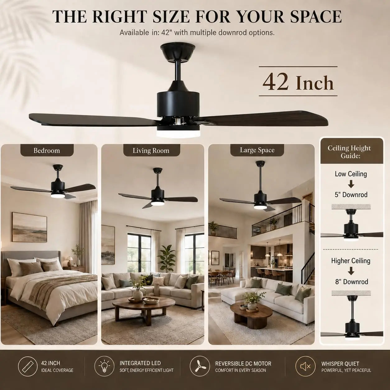 42 Inch Ceiling Fans with Lights and Remote Control, Black Dual-Sided Blades, 6 Fan Speed, Dimmable 3 LED Light, Timer, Low Profile, Reversible Motor, DC Motor, for Bedroom Living Room