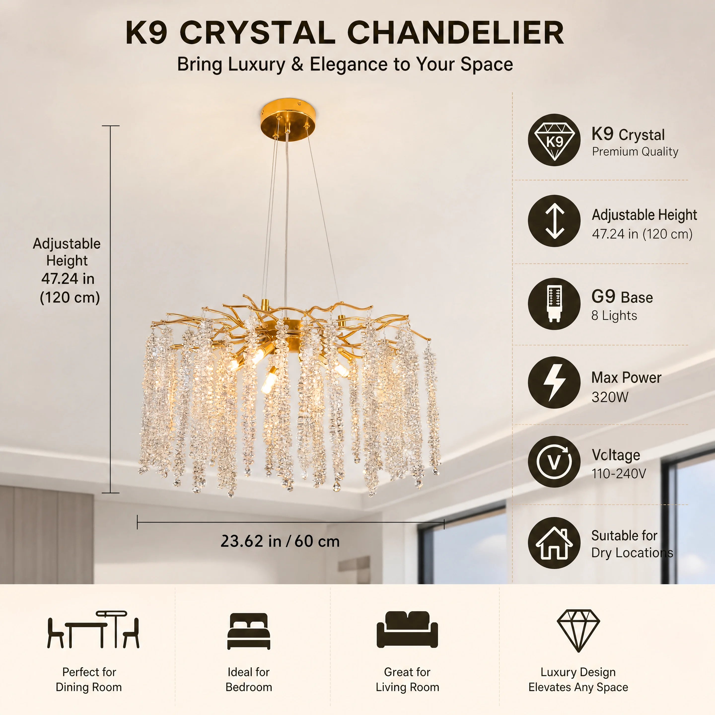 Modern Gold Crystal Chandelier, Tree Branch Adjustable Raindrop K9 Crystal Ceiling Light for Kitchen Island Dining Room Living Room Bedroom Hallway