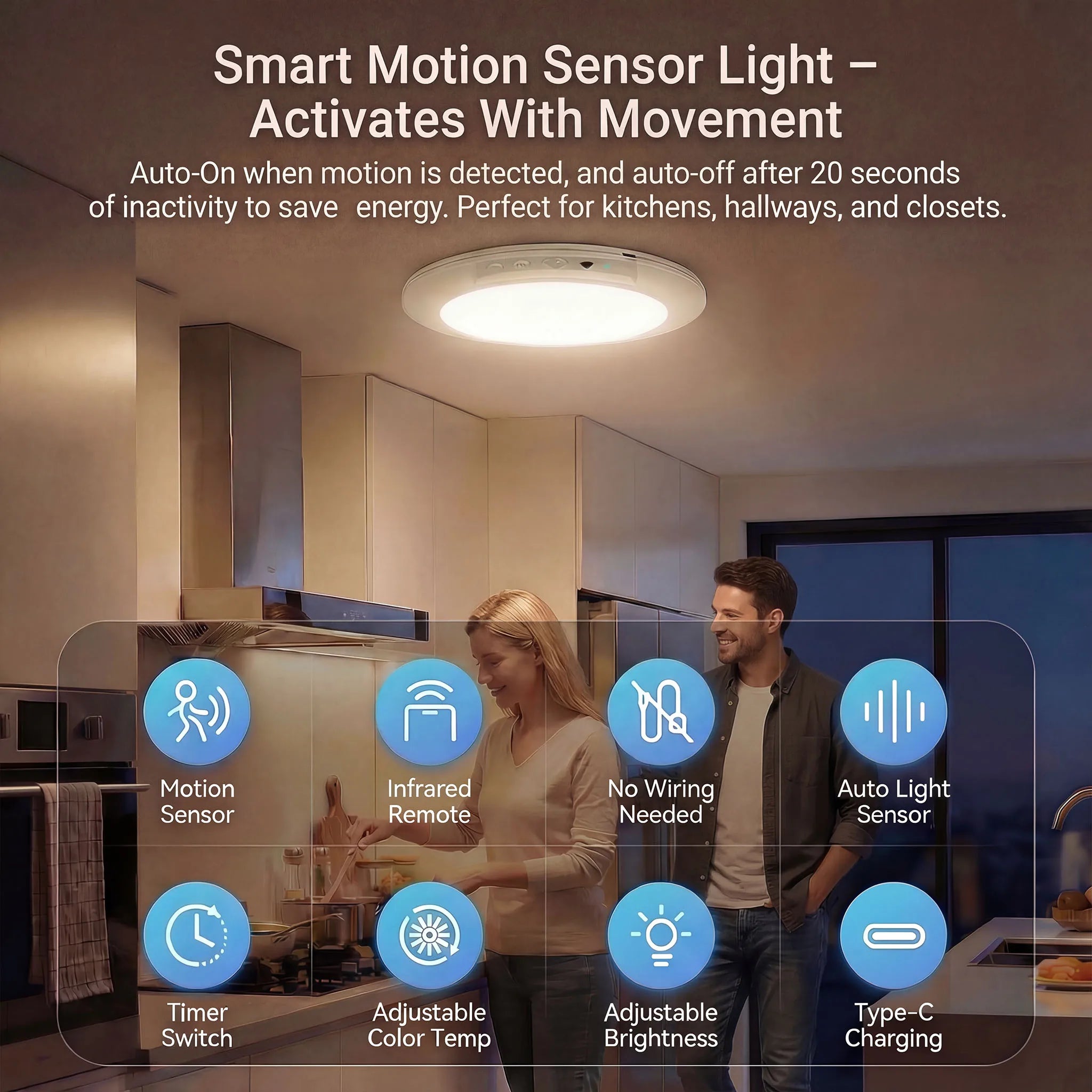 Rechargeable Motion Sensor Ceiling Light Magnetic Wireless Smart LED Lamp Dimmable 3000K-6000K for Bedroom Hallway