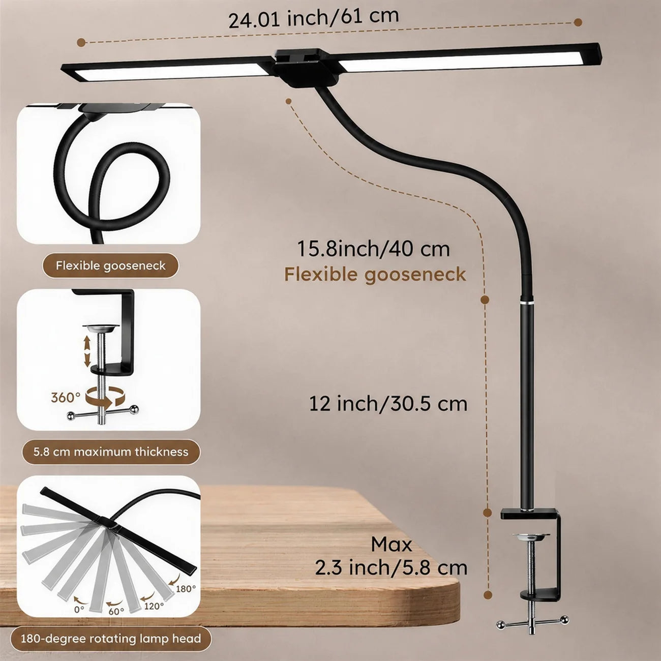 Double Head Desk Lamp LED Clip-on 3 Modes Brightness Adjustable 3000K-6000K USB Adapter Computer Screen Light 180 Degree Foldable for Reading Studying Office