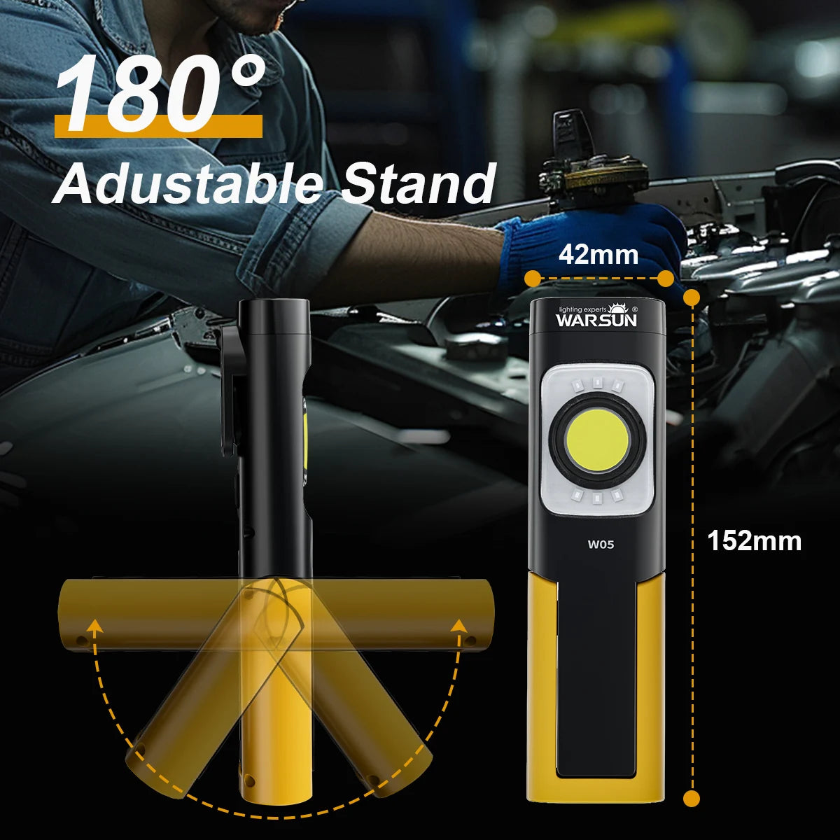 WARSUN W05S LED Work Light Rechargeable Portable Magnetic Base Flashlight Clip Hook 180° Rotating Stand for Home Garden Camping